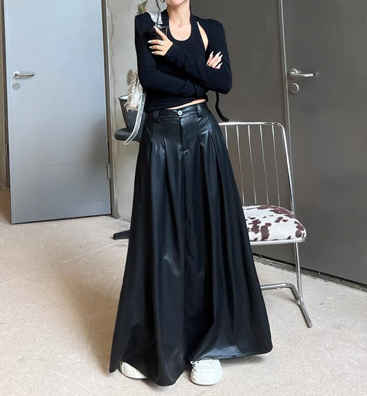 PERA YÜKSEK BEL SUNİ DERİ MAXİ ETEK