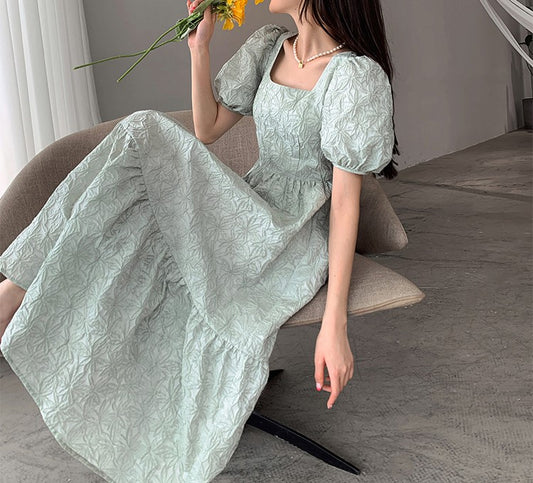 PERA PUF KOLLU YEŞİL MİDİ ELBİSE