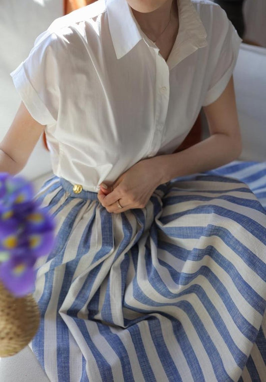 PERA MAVİ ÇİZGİLİ VINTAGE ETEK